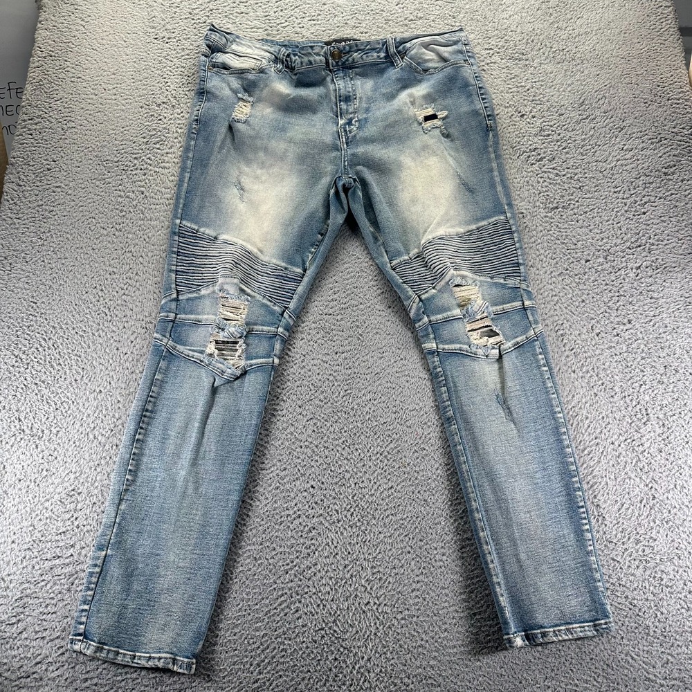 Rue 21 Supreme Flex Jeans Men's 39x34 Blue Denim Straight Leg Distressed Stretch